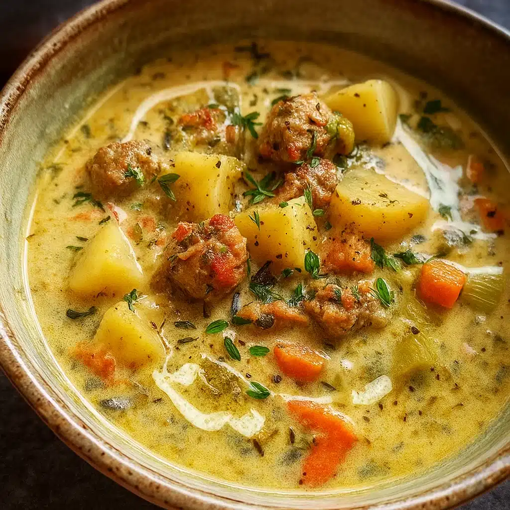 Potato and Sausage Chowder 6 Bowl of creamy potato and sausage chowder with wild rice and vegetables, garnished with fresh parsley