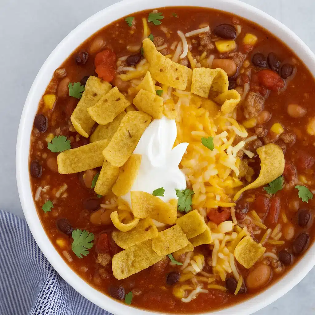 Taco Soup Recipe 6 Steaming bowl of hearty taco soup topped with shredded cheese, diced avocado, and tortilla strips on rustic wooden table