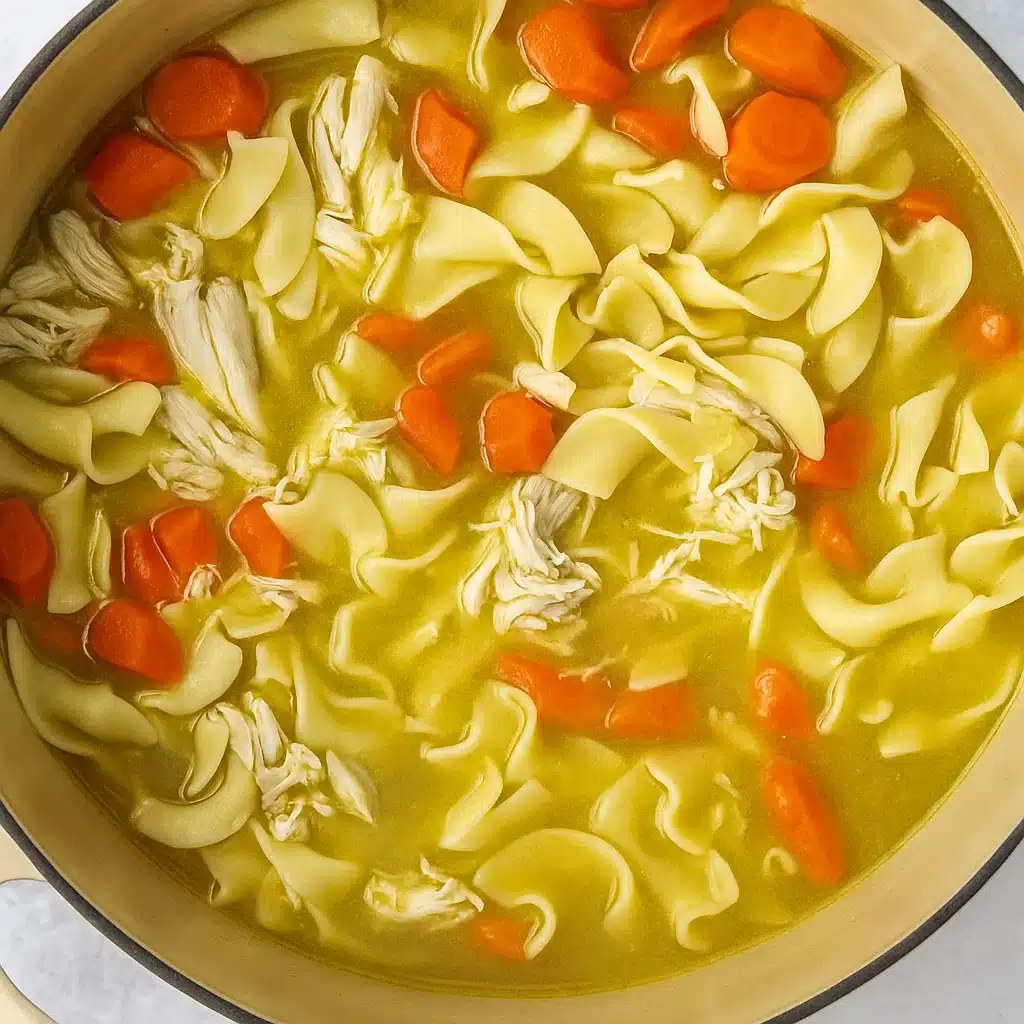 A steaming bowl of homemade rotisserie chicken noodle soup with tender vegetables, perfectly cooked pasta, and rich, golden broth