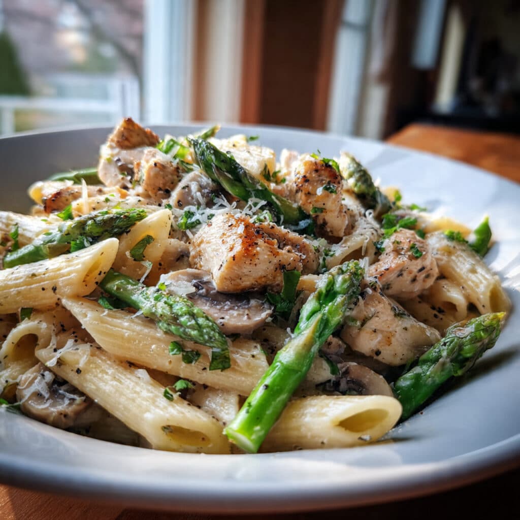 Mushroom and Asparagus Chicken Penne