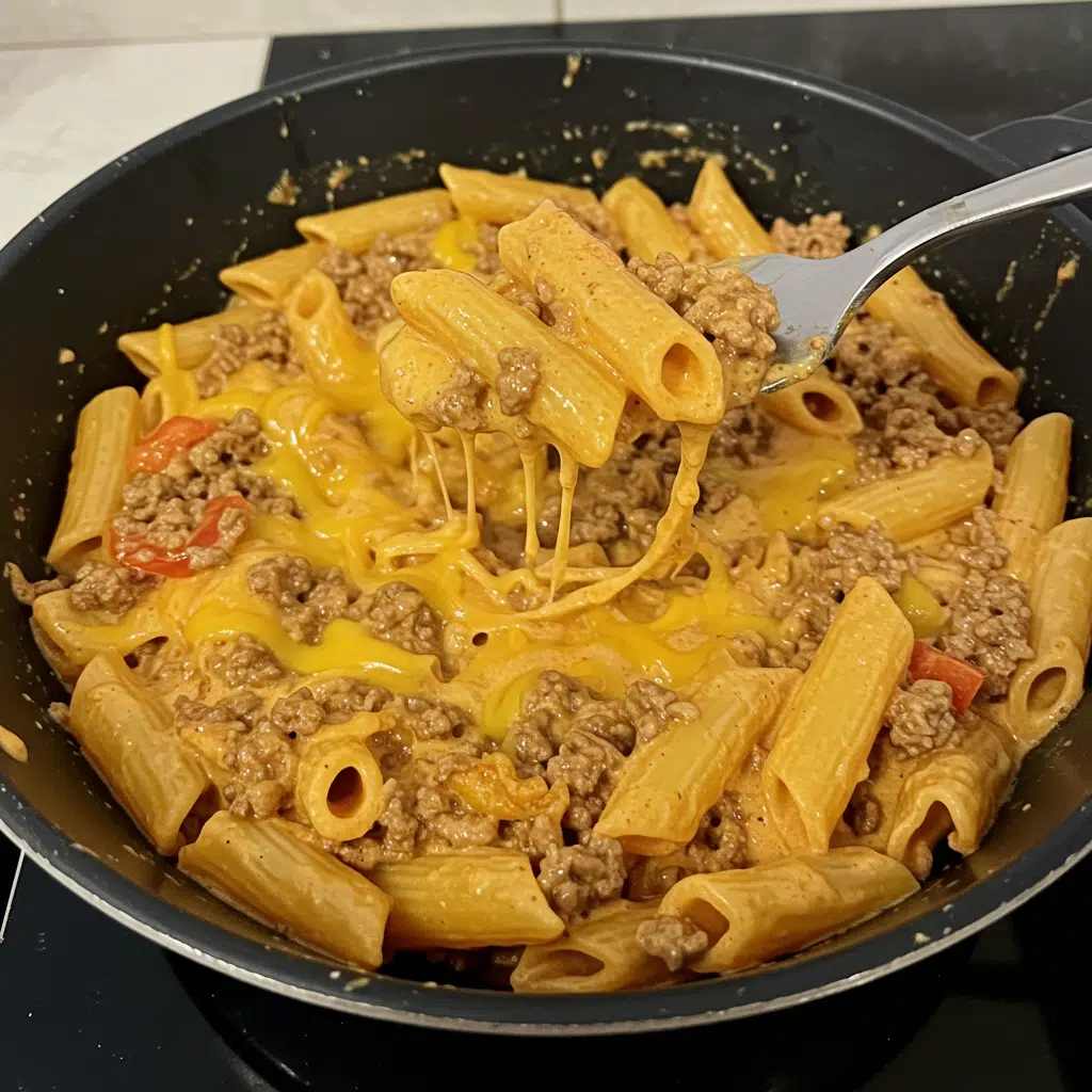 Creamy Rotel Pasta with Ground Beef 4 Creamy Rotel pasta with ground beef served in a white bowl, topped with fresh cilantro and melted cheddar cheese