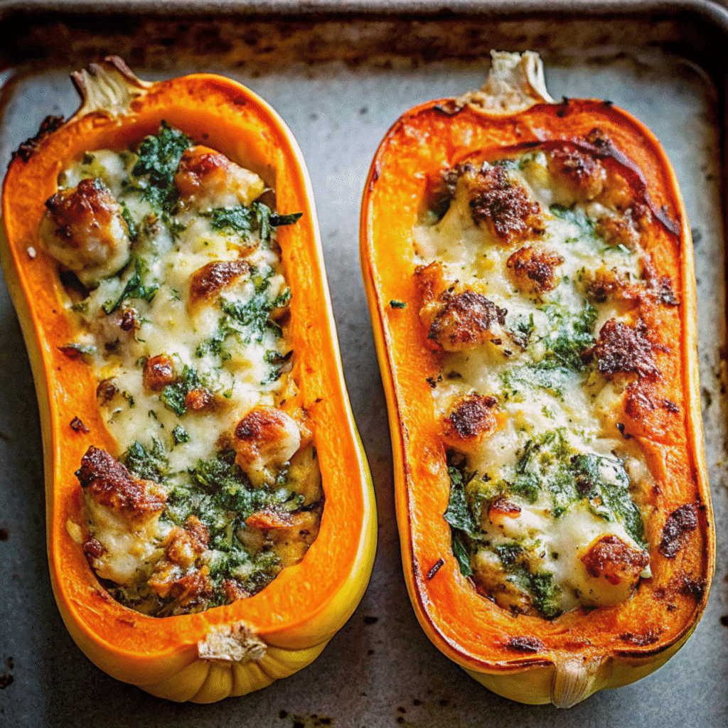 Golden roasted Stuffed Butternut Squash with Spinach and Cheese mixture, garnished with fresh parsley