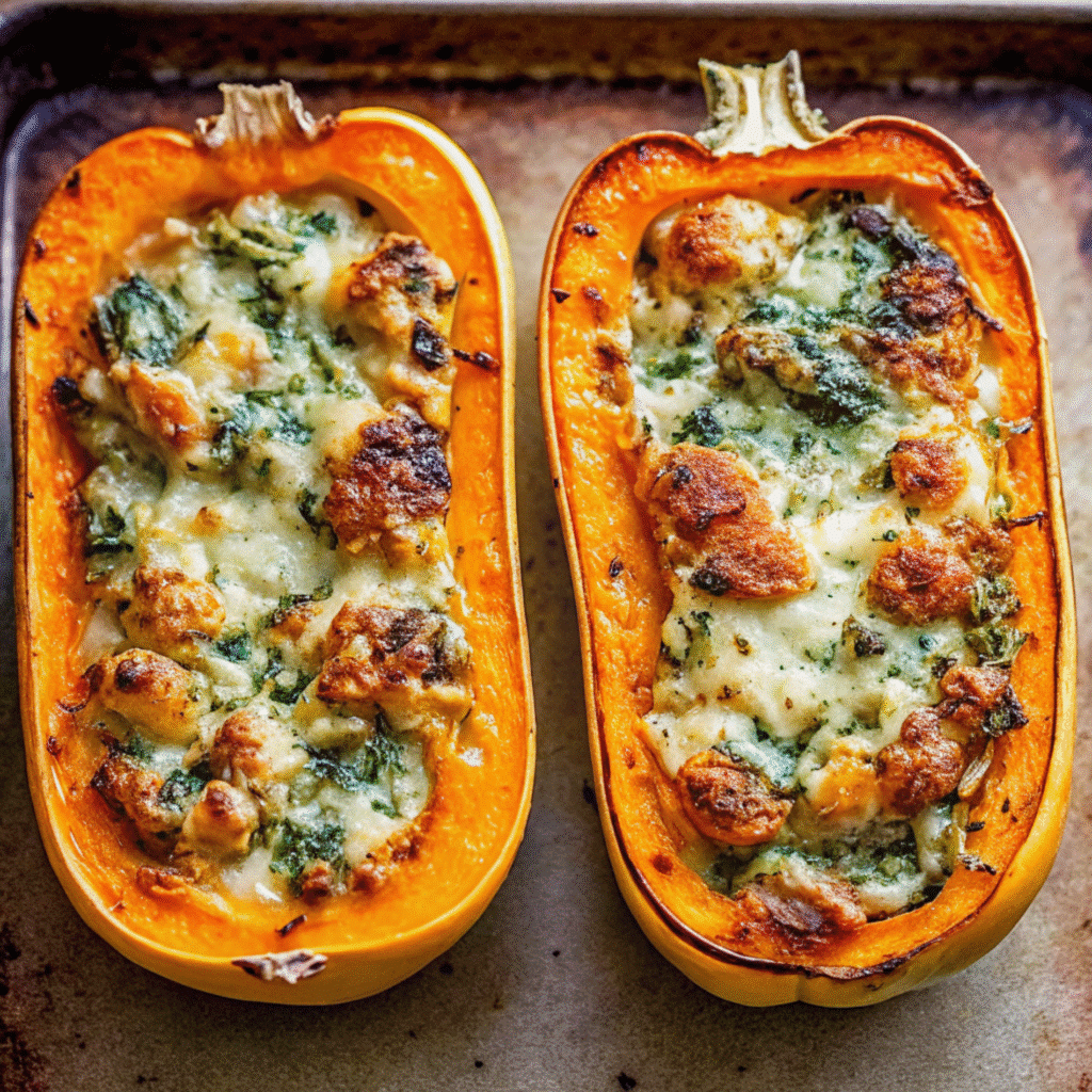 Golden roasted Stuffed Butternut Squash with Spinach and Cheese mixture, garnished with fresh parsley
