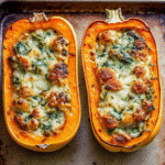Golden roasted Stuffed Butternut Squash with Spinach and Cheese mixture, garnished with fresh parsley