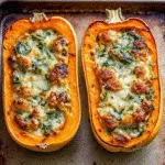Stuffed Butternut Squash with Spinach and Cheese 6 Golden roasted Stuffed Butternut Squash with Spinach and Cheese mixture, garnished with fresh parsley