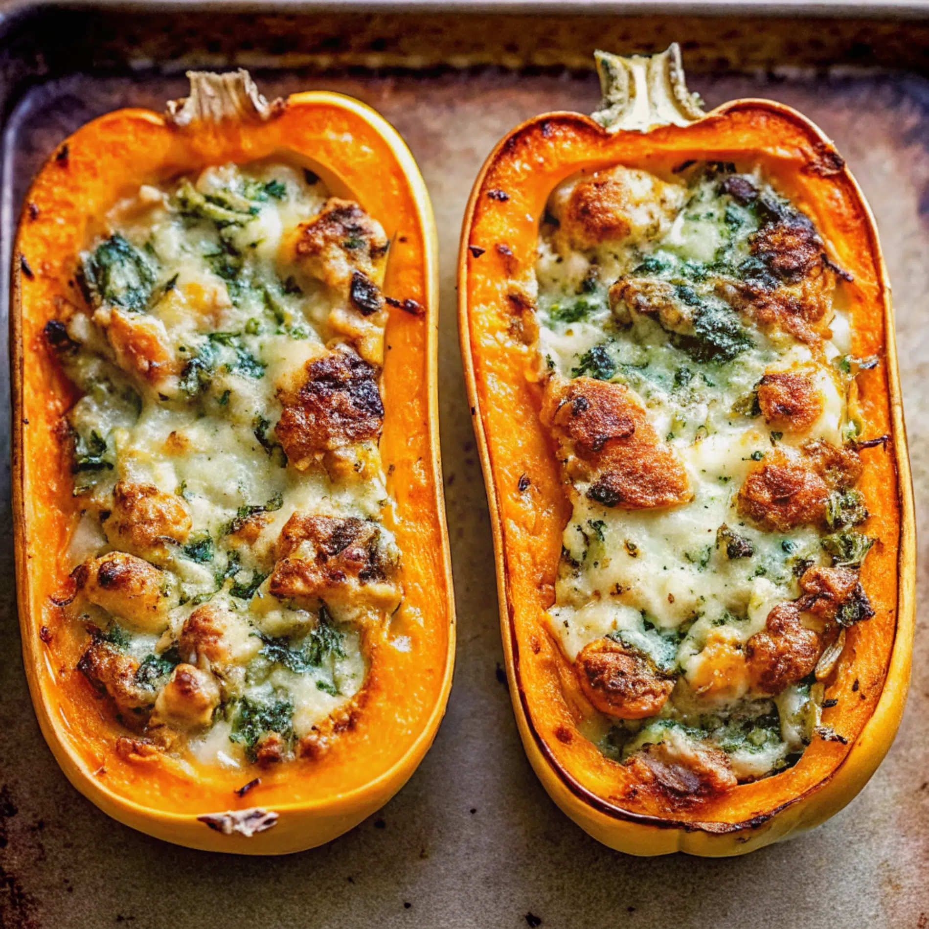 Golden roasted Stuffed Butternut Squash with Spinach and Cheese mixture, garnished with fresh parsley