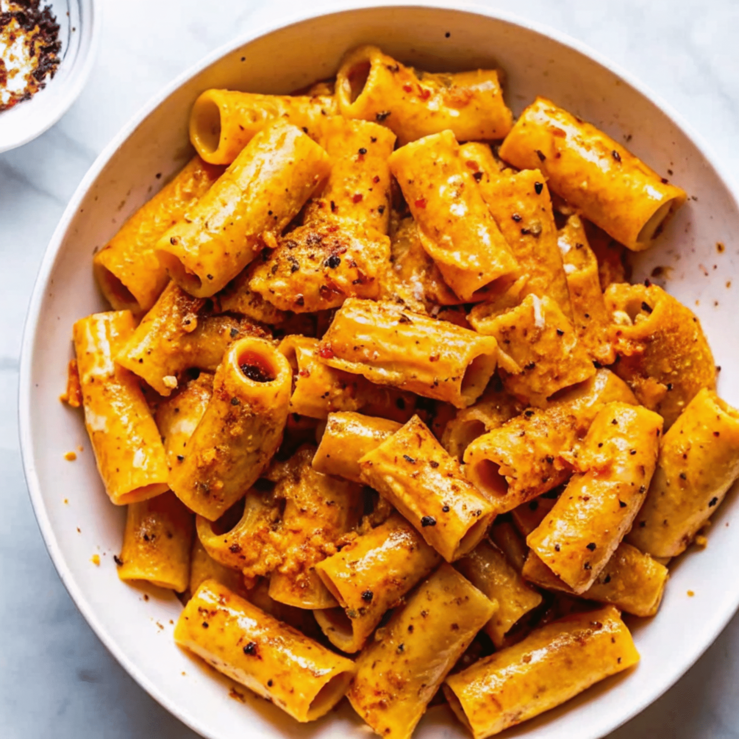 Creamy roasted butternut squash pasta topped with golden Parmesan breadcrumbs in a white bowl, garnished with fresh rosemary