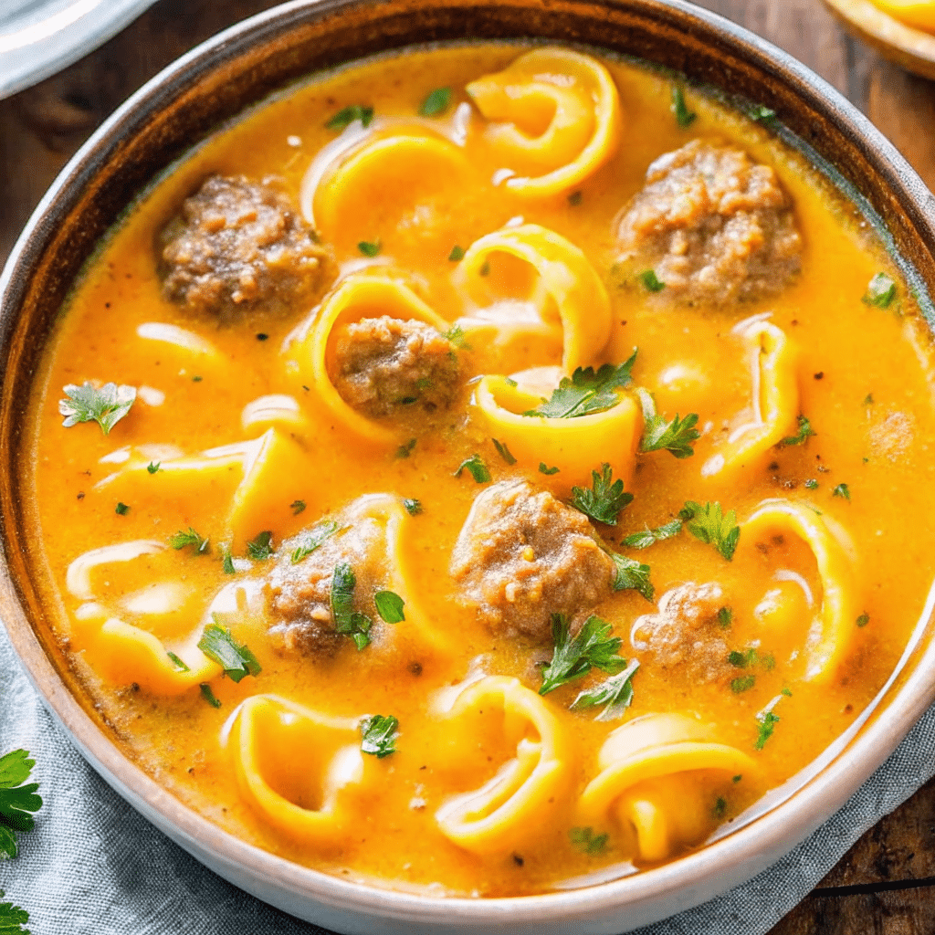 A rustic bowl of creamy butternut squash sausage tortellini soup topped with fresh Parmesan cheese and kale, served with crusty bread on a wooden table.