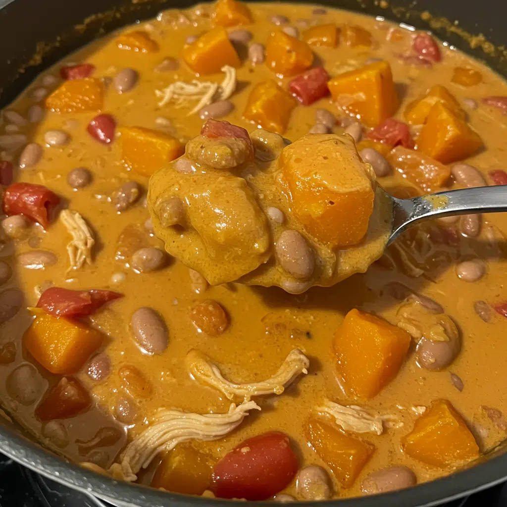 Chicken Pumpkin Chili 4 A bowl of creamy orange-colored chicken pumpkin chili topped with shredded cheese and green onions, served with crusty bread on a wooden table with fall decorations in the background.