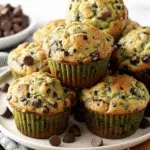Healthy Chocolate Chip Zucchini Muffins 10 Golden brown chocolate chip zucchini muffins arranged on a white cooling rack with mini chocolate chips scattered around
