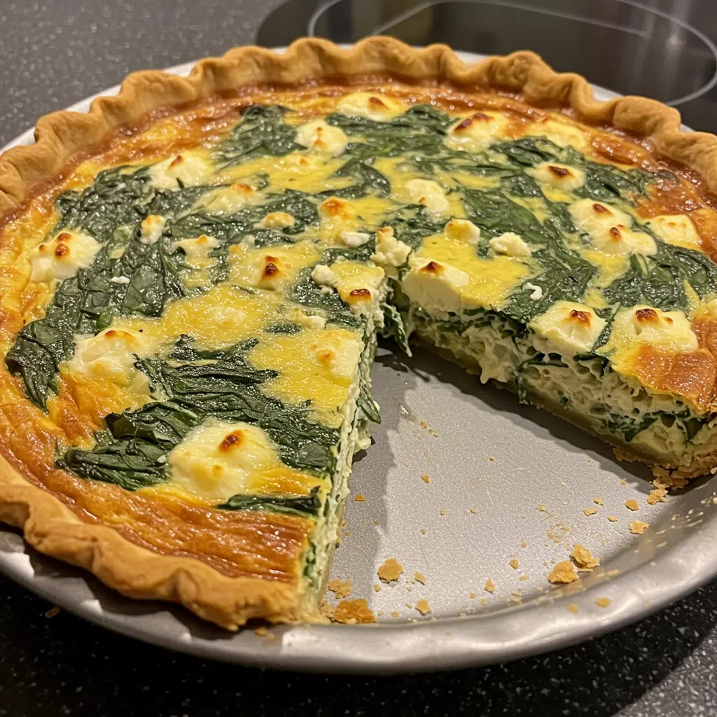Golden-brown crustless spinach onion and feta quiche in a white ceramic pie dish, garnished with fresh dill and cut into wedges