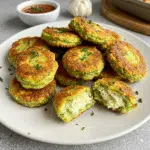 Easy Zucchini Garlic Bites 6 Golden brown zucchini garlic bites arranged on a white platter with fresh basil garnish and marinara dipping sauce in a small bowl