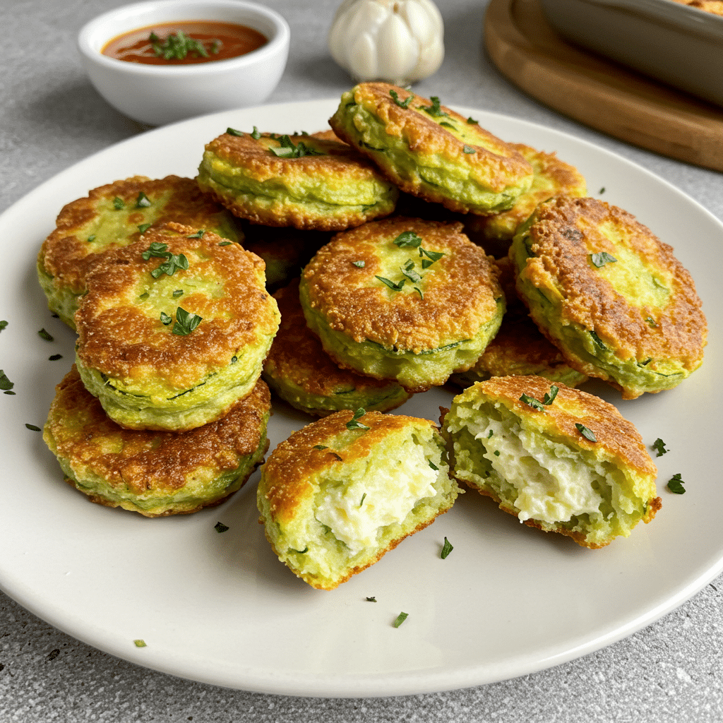 Golden brown zucchini garlic bites arranged on a white platter with fresh basil garnish and marinara dipping sauce in a small bowl