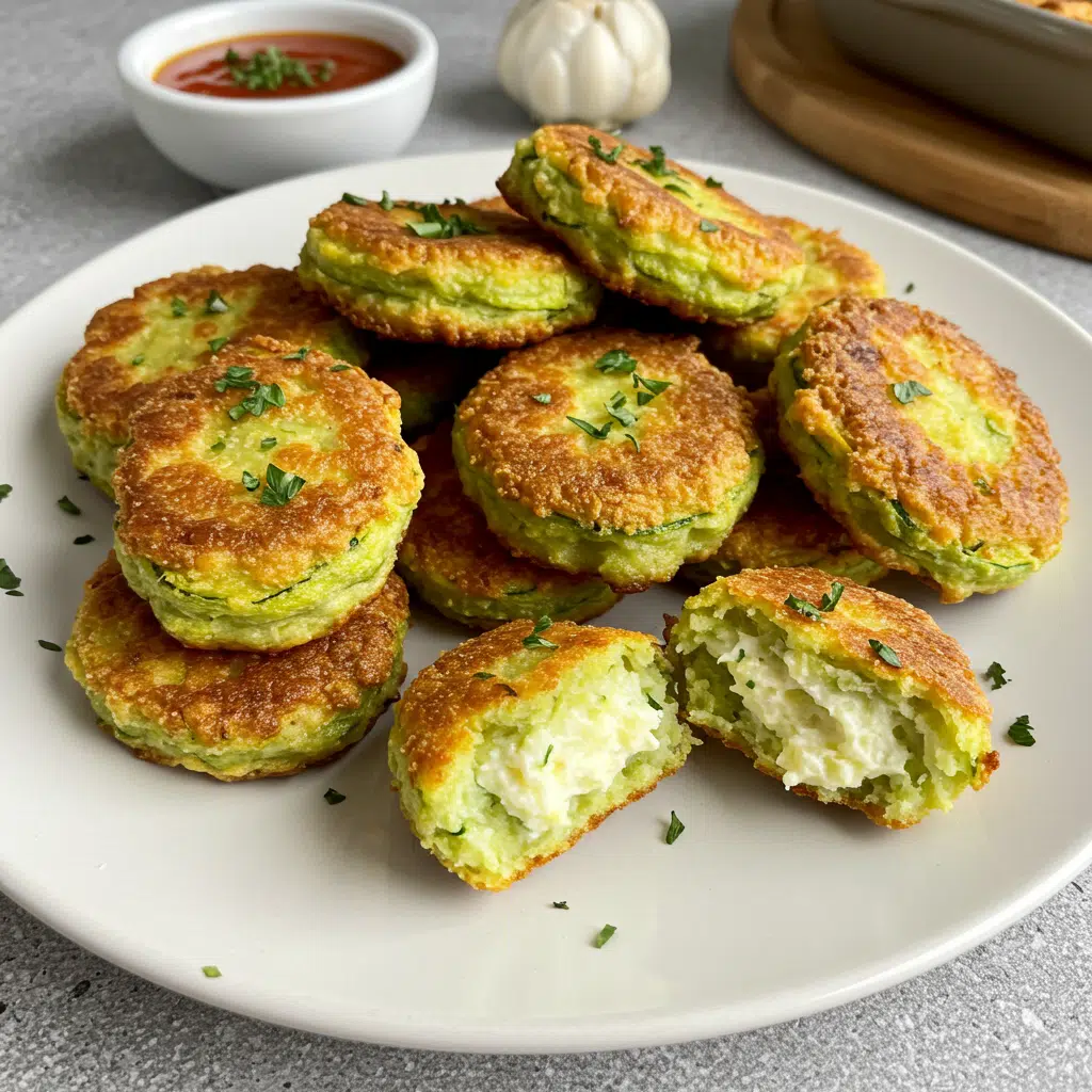 Easy Zucchini Garlic Bites 8 Golden brown zucchini garlic bites arranged on a white platter with fresh basil garnish and marinara dipping sauce in a small bowl
