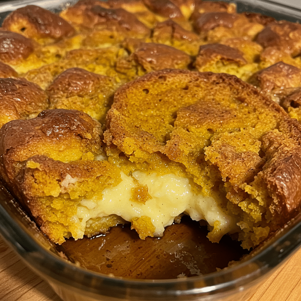 Golden baked pumpkin french toast casserole with crumb topping in a white baking dish