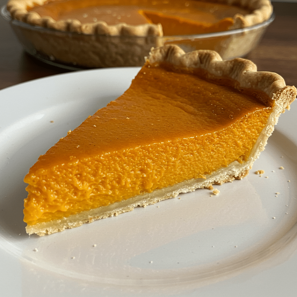 Golden brown pumpkin pie with flaky crust, garnished with sugared cranberries and whipped cream, served on a rustic wooden table with fall decorations