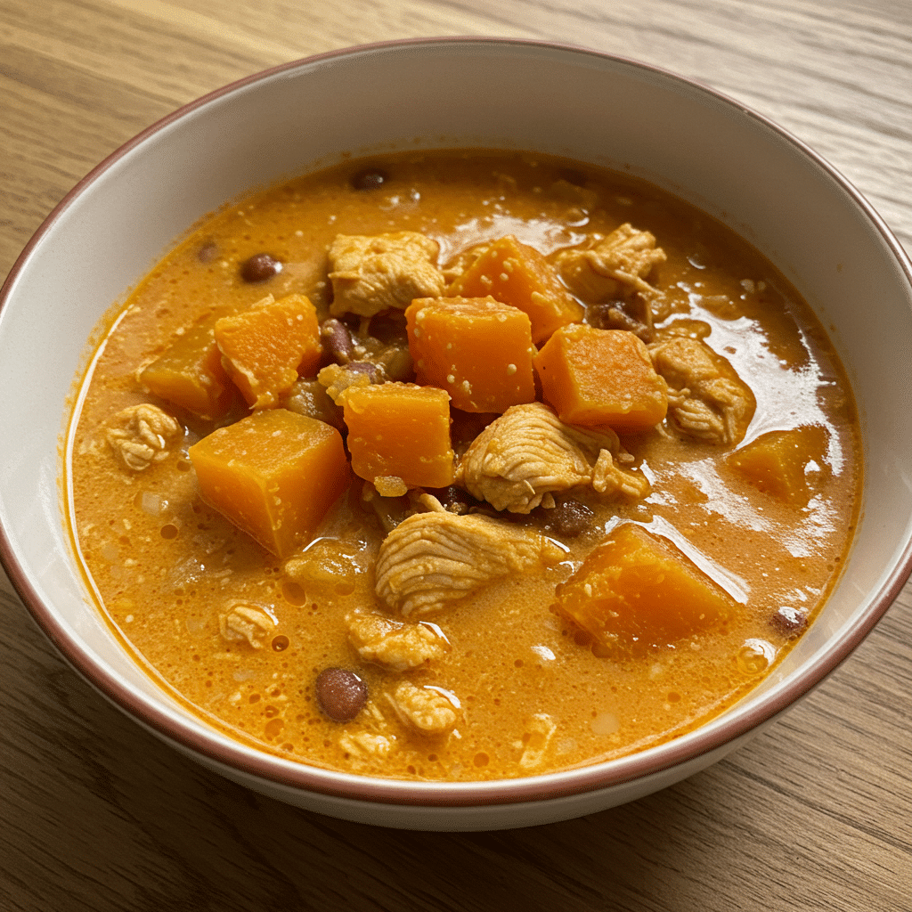 A bowl of creamy orange-colored chicken pumpkin chili topped with shredded cheese and green onions, served with crusty bread on a wooden table with fall decorations in the background.
