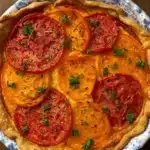 Irresistible Pimento Cheese Tomato Pie 10 Golden brown pimento cheese tomato pie with layers of fresh tomatoes and melted cheese in a flaky pastry crust