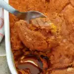 Easy Pumpkin Cobbler 10 Golden brown pumpkin cobbler with crumbly topping in a white baking dish, served with a dollop of whipped cream, showcasing the creamy pumpkin filling and crispy spiced topping.
