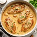 Easy Creamy Garlic Chicken 8 Golden Creamy Garlic Chicken in a rich, creamy garlic sauce garnished with fresh parsley in a cast iron skillet