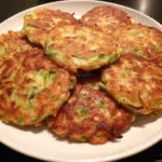 Easy Zucchini Patties 6 Golden crispy zucchini patties on a white plate with a small bowl of sour cream for dipping