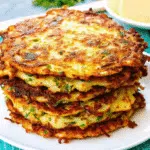 Easy Keto Zucchini Fritters 6 Golden brown crispy keto zucchini fritters on a white plate with fresh herbs