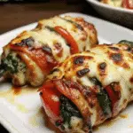 Roasted Red Pepper, Spinach & Mozzarella Stuffed Chicken 10 Golden Roasted Red Pepper, Spinach & Mozzarella Stuffed Chicken sliced to show colorful filling