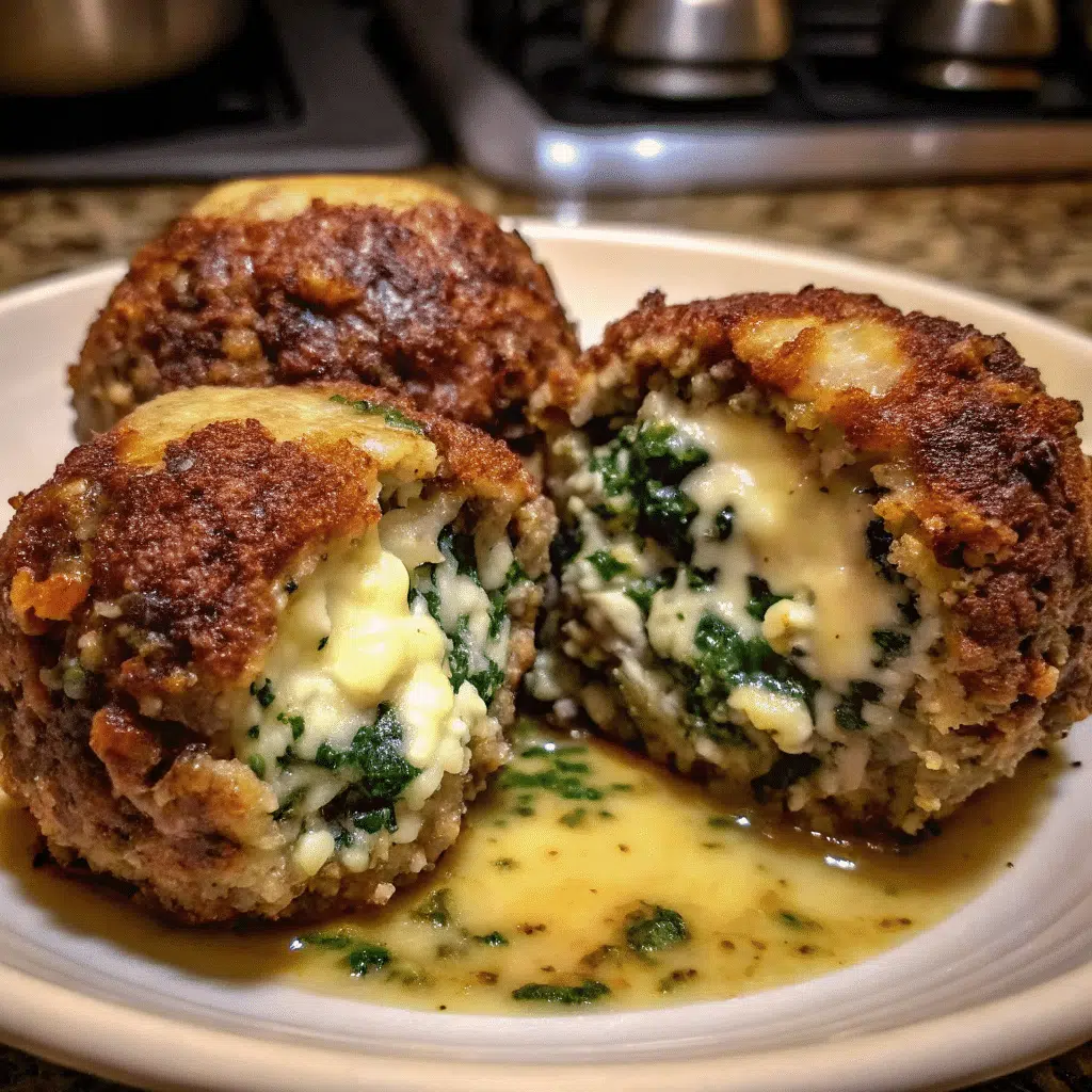 All Recipes 70 Golden brown Spinach Garlic Meatballs Stuffed With Mozzarella served with marinara sauce and fresh basil