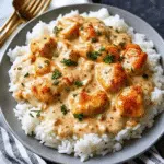Creamy Smothered Chicken and Rice 10 Creamy Smothered Chicken and Rice in rich white sauce served over fluffy white rice in a cast iron skillet, garnished with fresh herbs