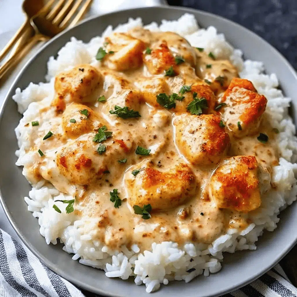 All Recipes 69 Creamy Smothered Chicken and Rice in rich white sauce served over fluffy white rice in a cast iron skillet, garnished with fresh herbs
