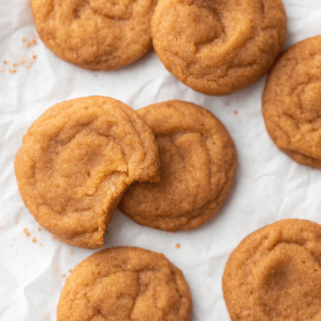 Stack of brown butter pumpkin snickerdoodle cookies with cinnamon sugar coating on white plate