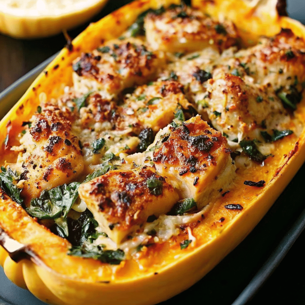 Golden, bubbly Garlic Parmesan Stuffed Spaghetti Squash with Chicken and Spinach halves filled with creamy chicken and spinach mixture, garnished with fresh parsley and extra Parmesan cheese