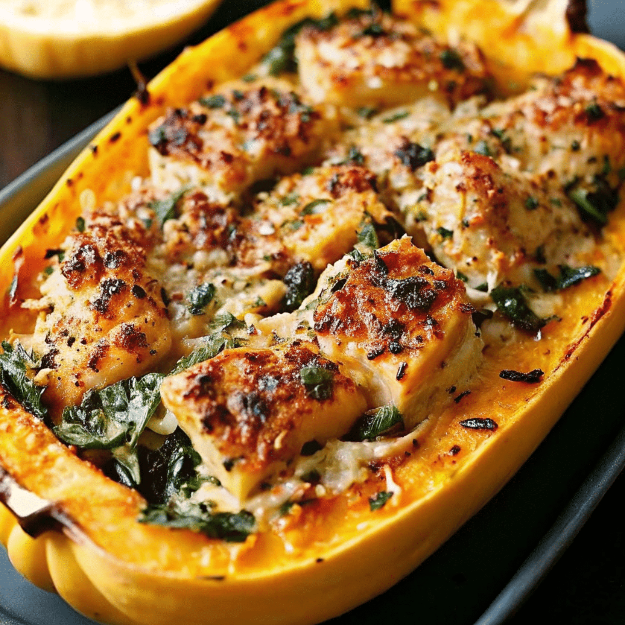 Golden, bubbly Garlic Parmesan Stuffed Spaghetti Squash with Chicken and Spinach halves filled with creamy chicken and spinach mixture, garnished with fresh parsley and extra Parmesan cheese