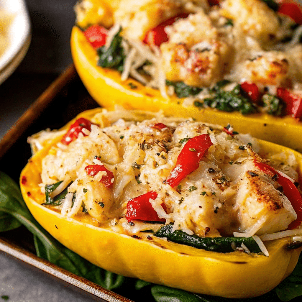 Golden, bubbly Garlic Parmesan Stuffed Spaghetti Squash with Chicken and Spinach halves filled with creamy chicken and spinach mixture, garnished with fresh parsley and extra Parmesan cheese