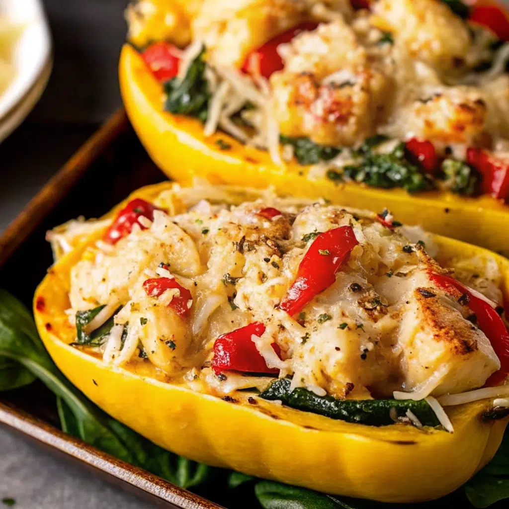Garlic Parmesan Stuffed Spaghetti Squash with Chicken and Spinach 6 Golden, bubbly Garlic Parmesan Stuffed Spaghetti Squash with Chicken and Spinach halves filled with creamy chicken and spinach mixture, garnished with fresh parsley and extra Parmesan cheese