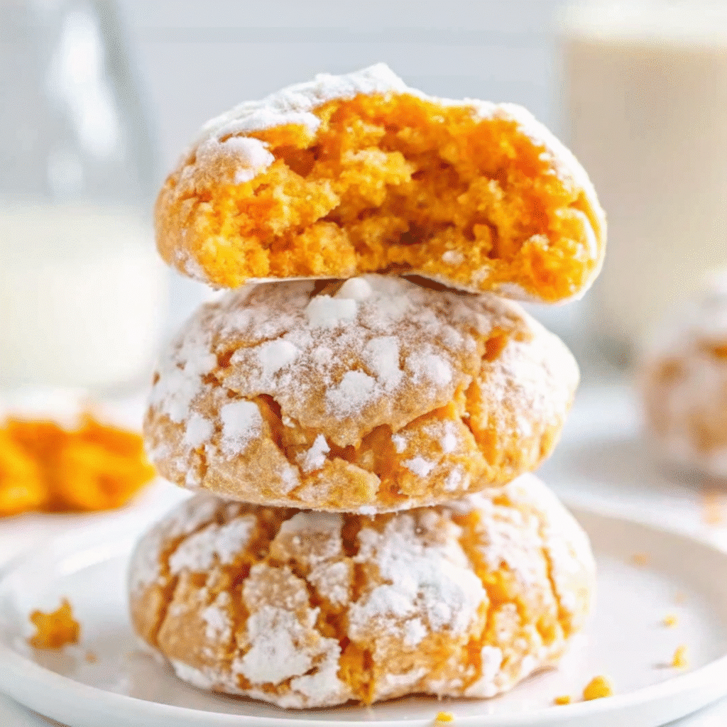 pumpkin crinkle cookies with dramatic white powdered sugar cracks, arranged on a cooling rack with warm autumn lighting