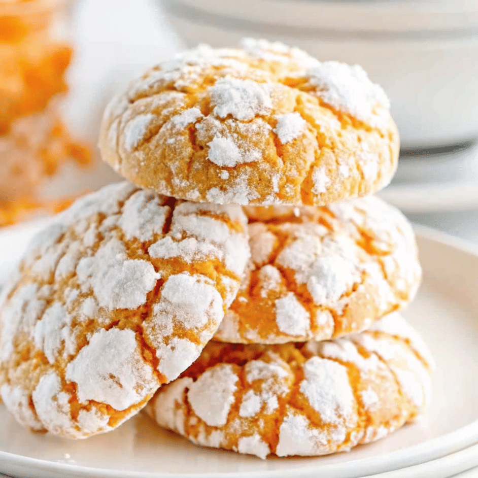 pumpkin crinkle cookies with dramatic white powdered sugar cracks, arranged on a cooling rack with warm autumn lighting