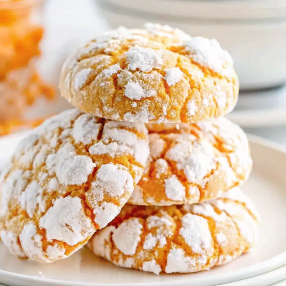 pumpkin crinkle cookies with dramatic white powdered sugar cracks, arranged on a cooling rack with warm autumn lighting