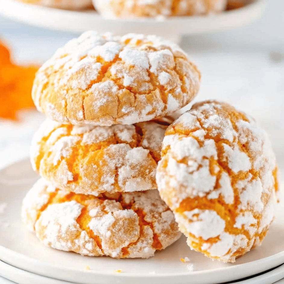 pumpkin crinkle cookies with dramatic white powdered sugar cracks, arranged on a cooling rack with warm autumn lighting