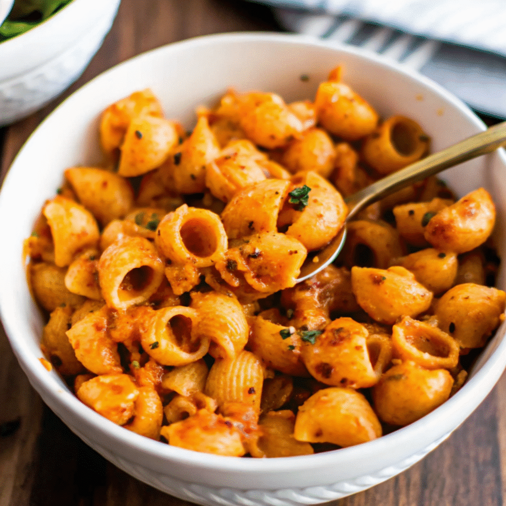 spicy butternut squash pasta in white ceramic bowl topped with dark green crispy sage leaves and white vegan parmesan shreds, fork twirling rigatoni showing creamy sauce coating every piece