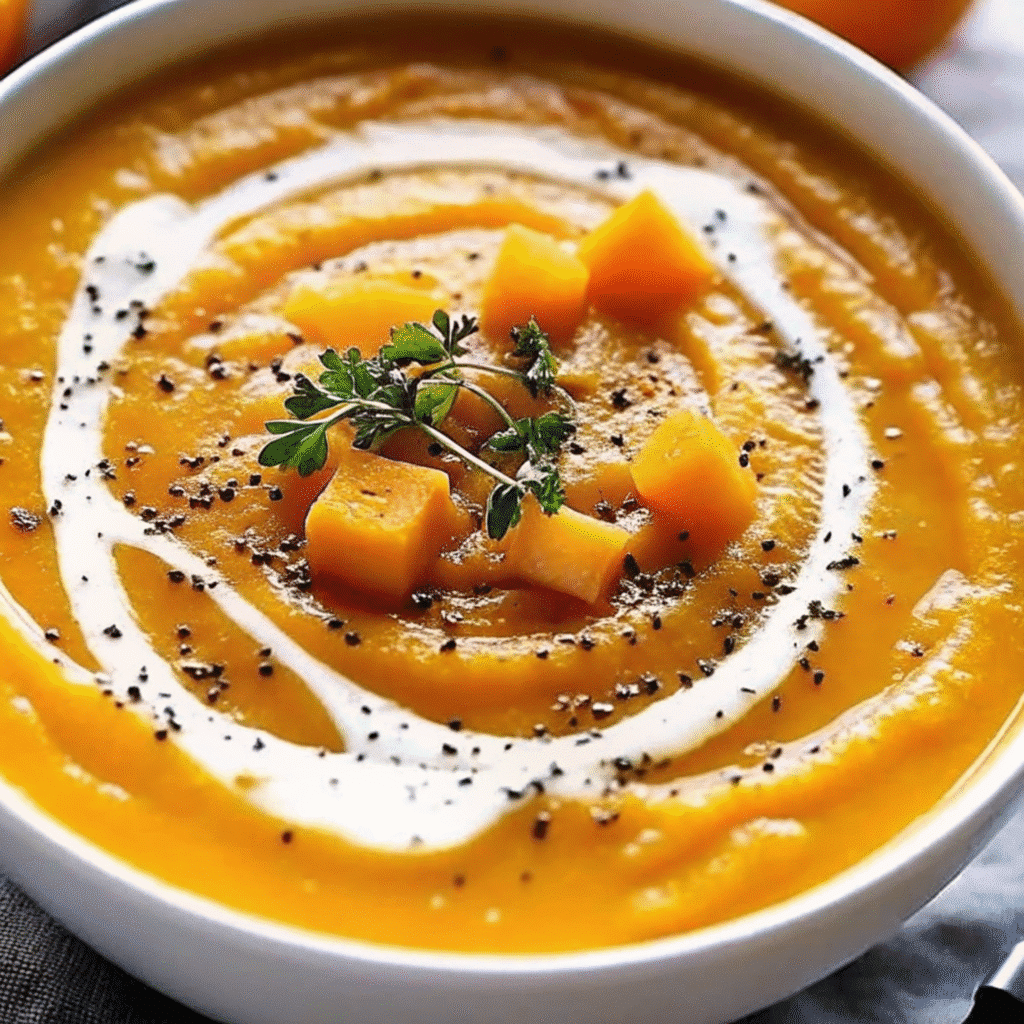 Golden butternut squash soup in a white bowl garnished with fresh sage leaves and a drizzle of olive oil, served alongside crusty bread on a rustic wooden table