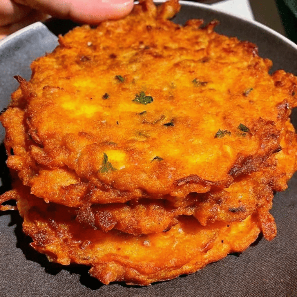 Golden brown crispy butternut squash fritters with garlic dip on a white plate next to a small bowl of creamy garlic dip, garnished with fresh chives