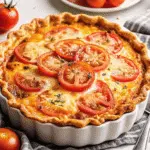 Golden Southern tomato pie with bubbly cheese topping, fresh basil garnish, and perfectly sliced red tomatoes visible through the creamy layer, served on a white plate with a rustic kitchen background