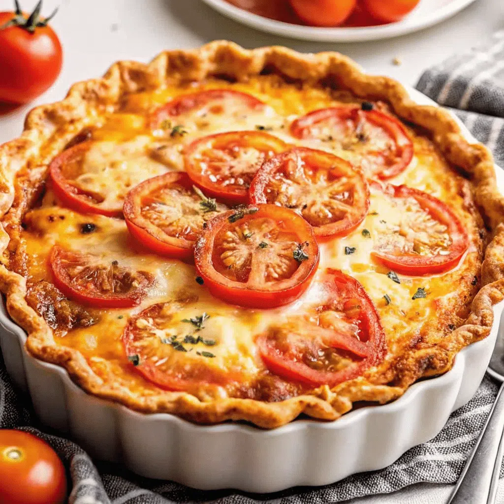 All Recipes 66 Golden Southern tomato pie with bubbly cheese topping, fresh basil garnish, and perfectly sliced red tomatoes visible through the creamy layer, served on a white plate with a rustic kitchen background