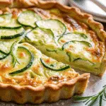 Irresistible Zucchini Onion Pie 10 Golden-brown zucchini onion pie in a white pie plate, showing the perfectly set custard-like texture with visible zucchini slices and melted cheese throughout.