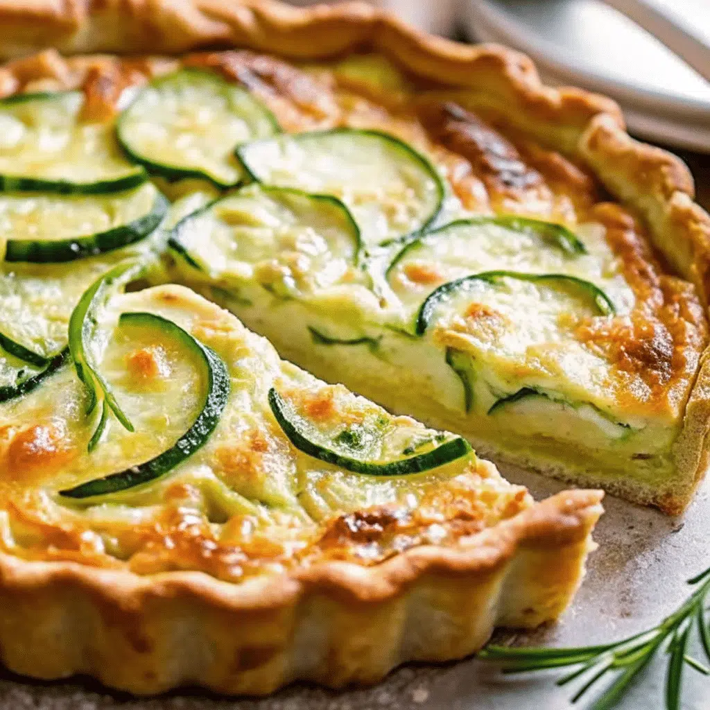 All Recipes 67 Golden-brown zucchini onion pie in a white pie plate, showing the perfectly set custard-like texture with visible zucchini slices and melted cheese throughout.