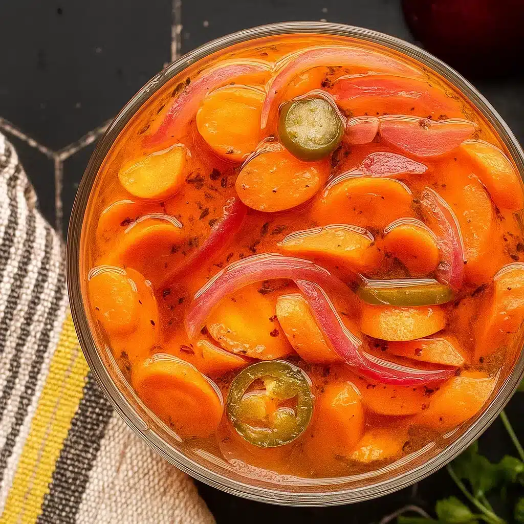 All Recipes 64 Colorful spicy pickled carrots with red onion and jalapeños in a glass jar, showing the diagonal-cut carrots covered in seasoned brine