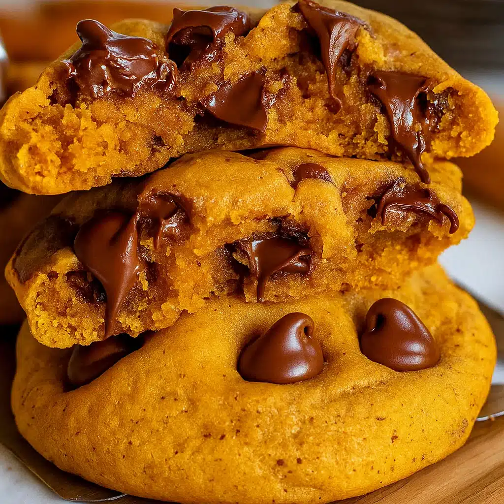 Soft pumpkin chocolate chip cookies on a cooling rack, showing their cake-like texture with melted chocolate chips throughout.