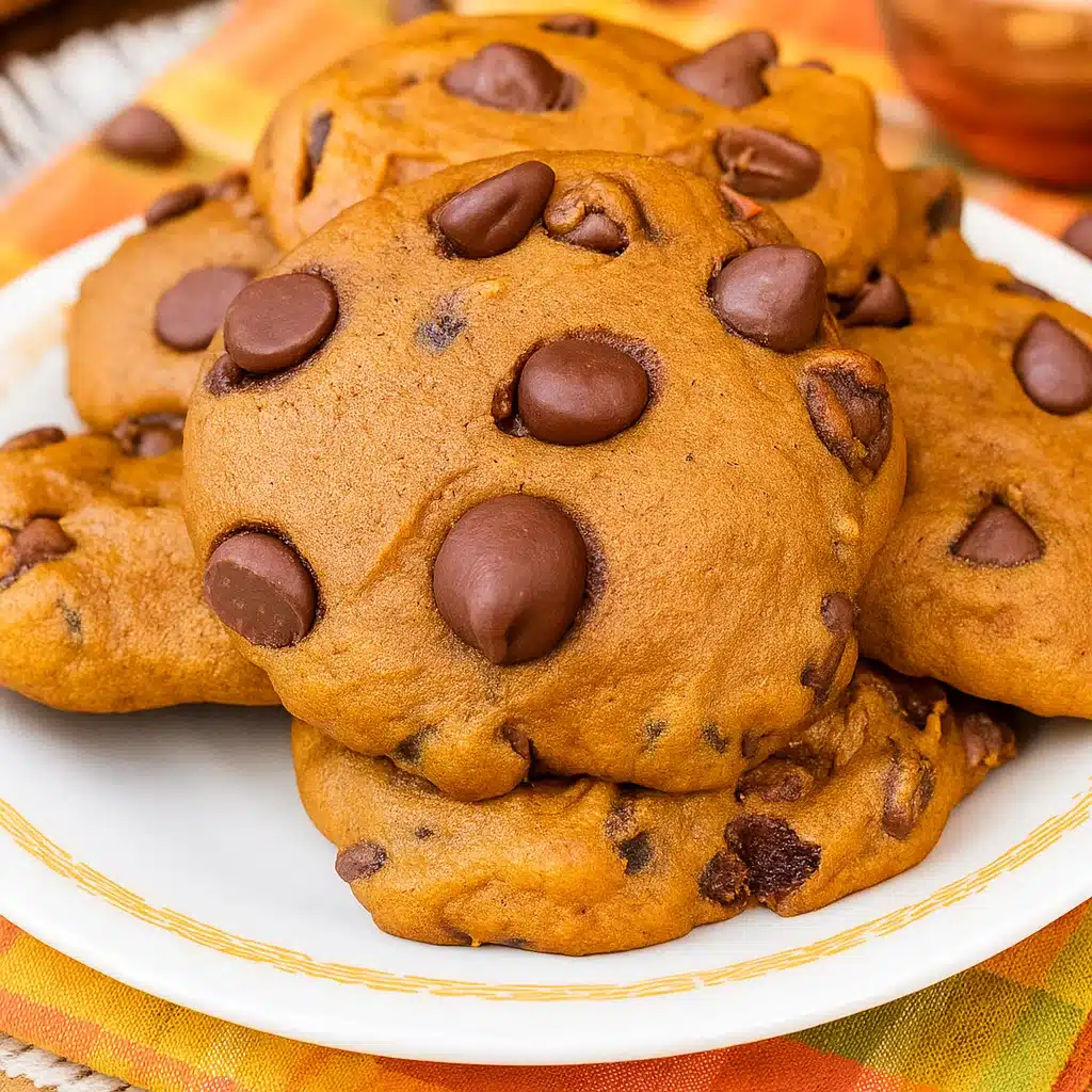 Soft pumpkin chocolate chip cookies on a cooling rack, showing their cake-like texture with melted chocolate chips throughout.