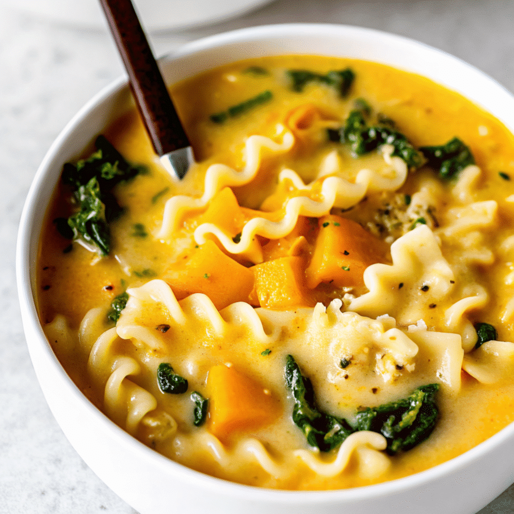 A steaming bowl of Butternut Squash Lasagna Soup with Kale and Mozzarella cheese and fresh kale, served with crusty bread on a wooden table.
